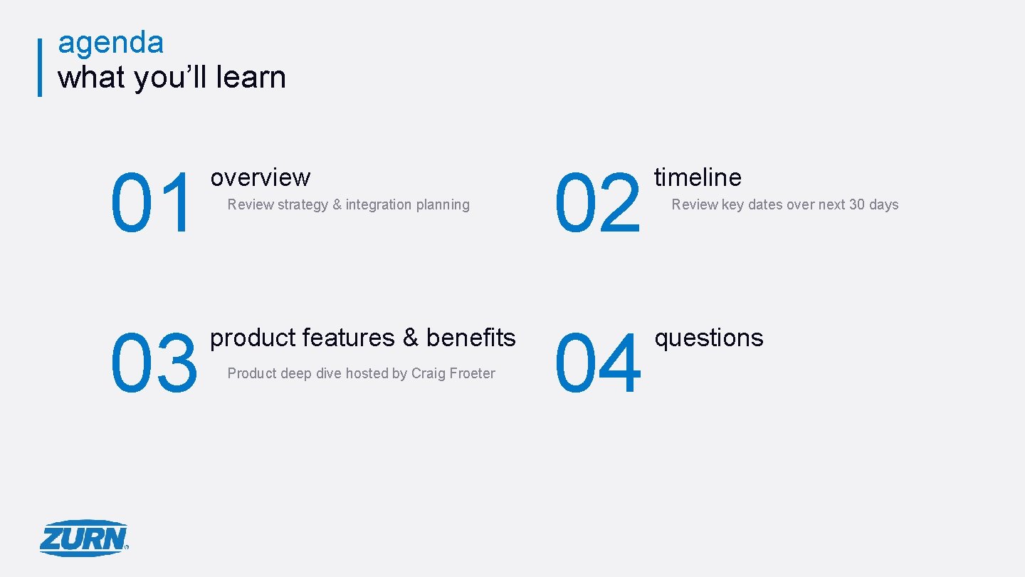 agenda what you’ll learn 01 overview 03 product features & benefits Review strategy &