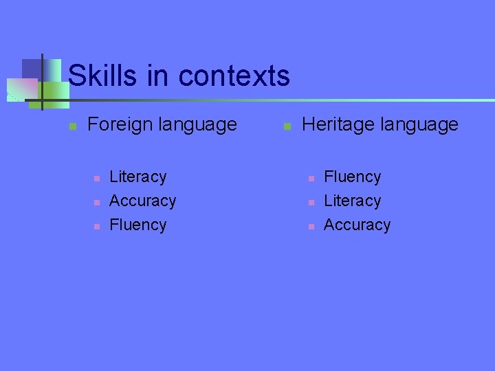 Skills in contexts n Foreign language n n n Literacy Accuracy Fluency n Heritage