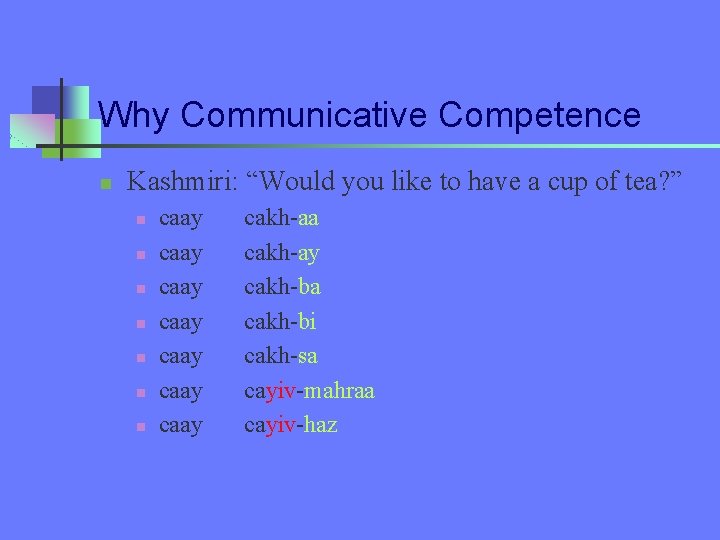 Why Communicative Competence n Kashmiri: “Would you like to have a cup of tea?