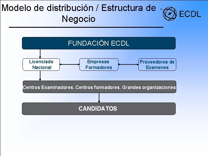 Modelo de distribución / Estructura de Negocio FUNDACIÓN ECDL Licenciado Nacional Empresas Formadores Proveedores