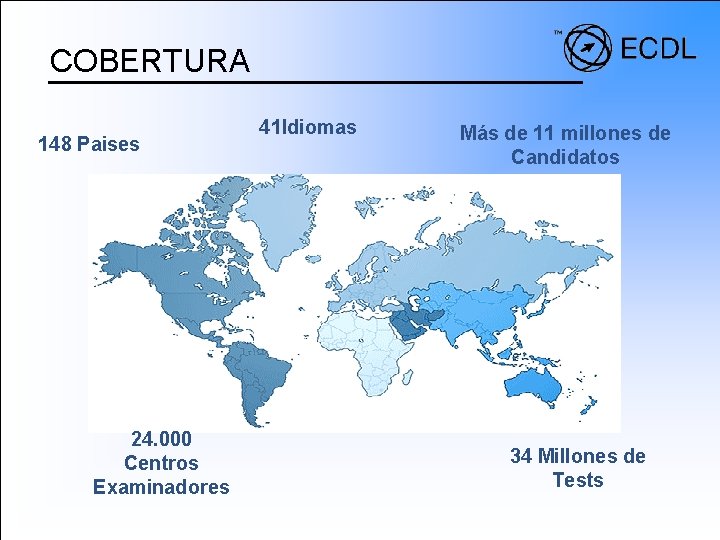 COBERTURA 148 Paises 24. 000 Centros Examinadores 41 Idiomas Más de 11 millones de