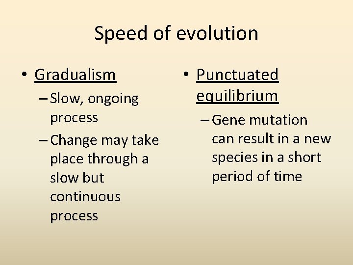 Speed of evolution • Gradualism – Slow, ongoing process – Change may take place