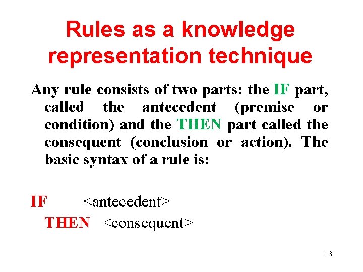 Rules as a knowledge representation technique Any rule consists of two parts: the IF