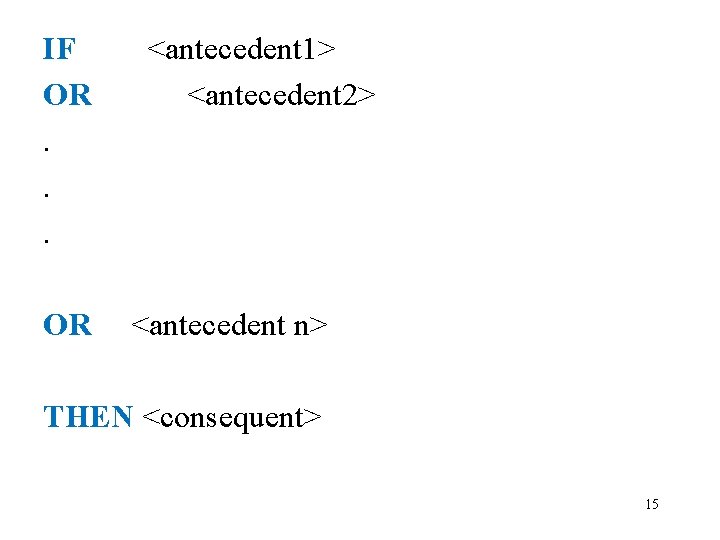 IF <antecedent 1> OR <antecedent 2>. . . OR <antecedent n> THEN <consequent> 15