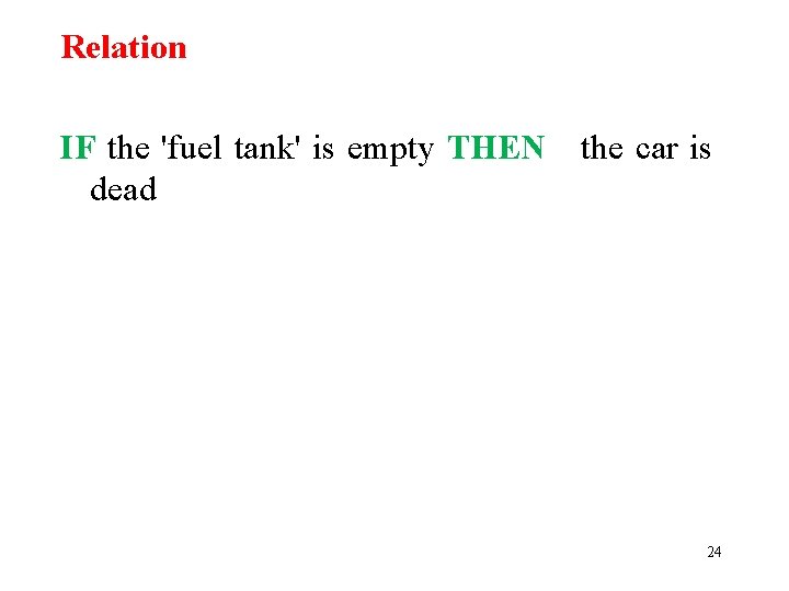 Relation IF the 'fuel tank' is empty THEN the car is dead 24 