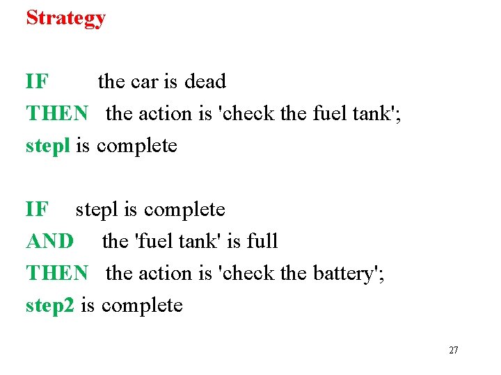 Strategy IF the car is dead THEN the action is 'check the fuel tank';