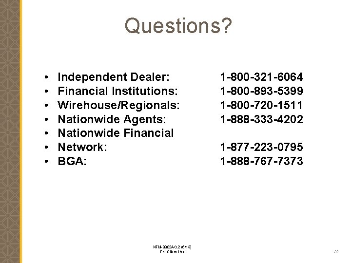 Questions? • • Independent Dealer: Financial Institutions: Wirehouse/Regionals: Nationwide Agents: Nationwide Financial Network: BGA: