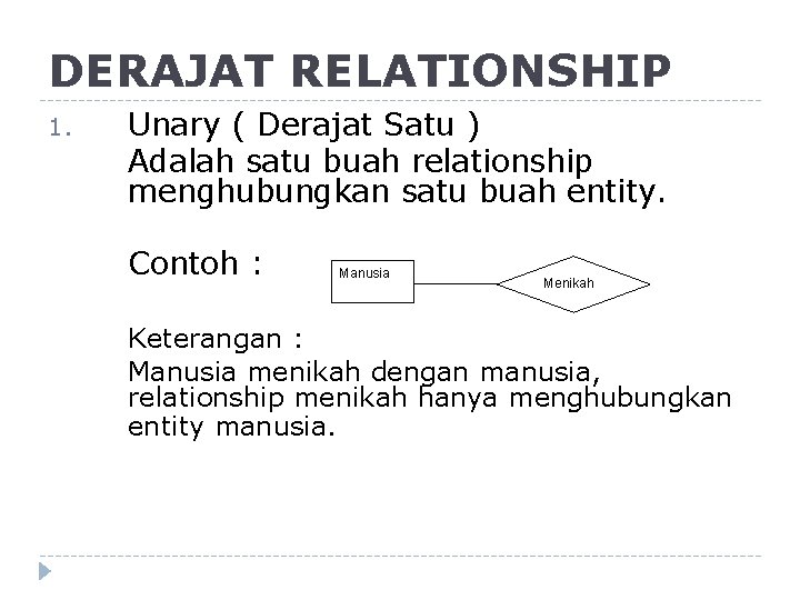 DERAJAT RELATIONSHIP 1. Unary ( Derajat Satu ) Adalah satu buah relationship menghubungkan satu