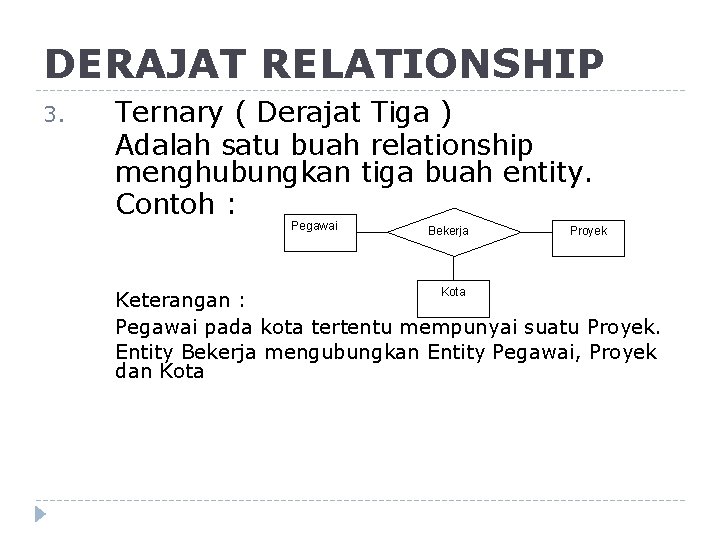 DERAJAT RELATIONSHIP 3. Ternary ( Derajat Tiga ) Adalah satu buah relationship menghubungkan tiga