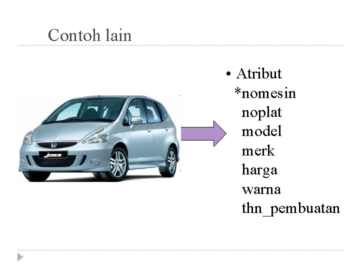 Contoh lain • Atribut *nomesin noplat model merk harga warna thn_pembuatan 