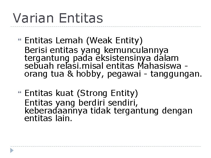 Varian Entitas Lemah (Weak Entity) Berisi entitas yang kemunculannya tergantung pada eksistensinya dalam sebuah