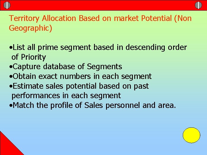 Territory Allocation Based on market Potential (Non Geographic) • List all prime segment based