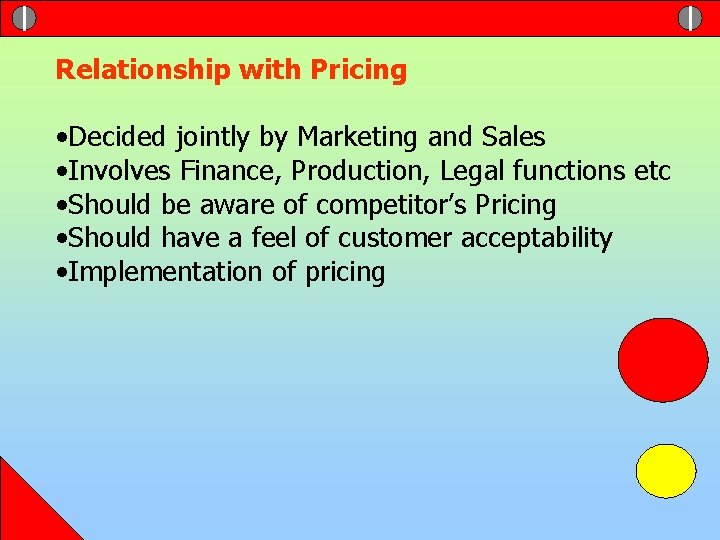 Relationship with Pricing • Decided jointly by Marketing and Sales • Involves Finance, Production,