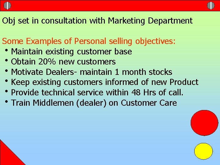 Obj set in consultation with Marketing Department Some Examples of Personal selling objectives: h.