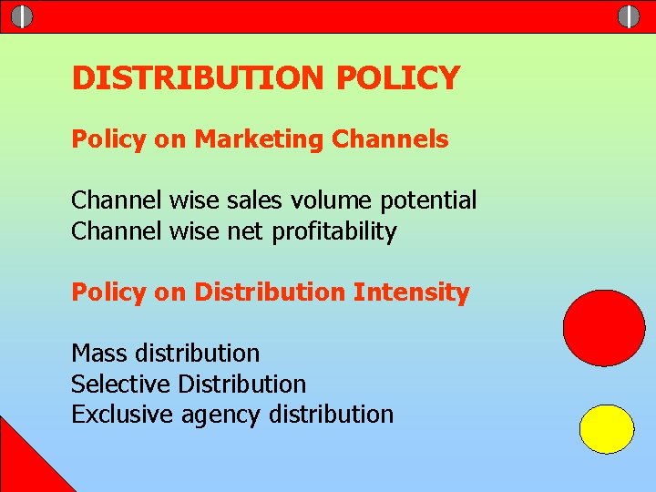 DISTRIBUTION POLICY Policy on Marketing Channels Channel wise sales volume potential Channel wise net