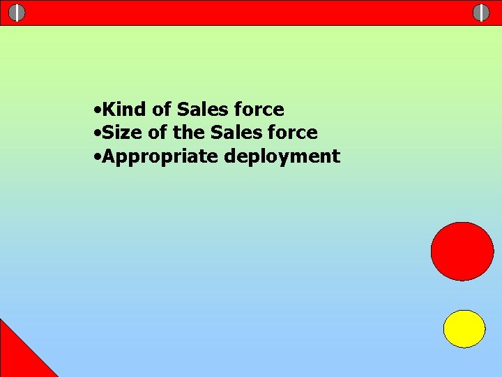  • Kind of Sales force • Size of the Sales force • Appropriate