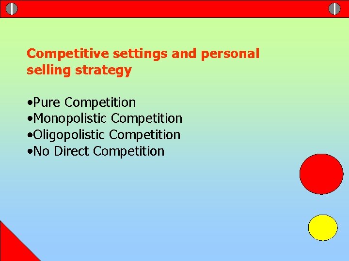 Competitive settings and personal selling strategy • Pure Competition • Monopolistic Competition • Oligopolistic