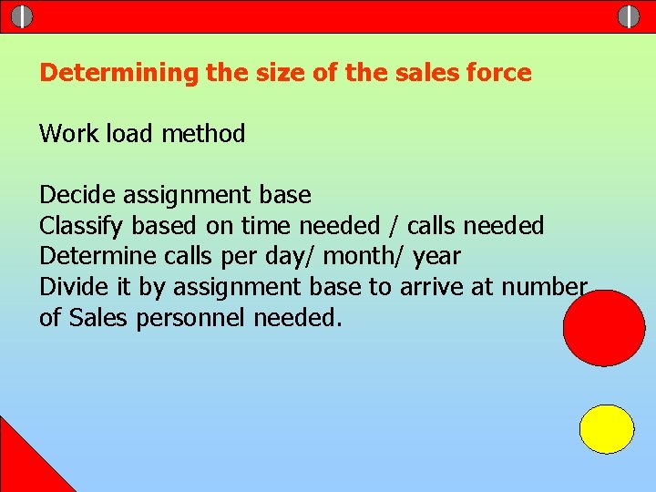 Determining the size of the sales force Work load method Decide assignment base Classify