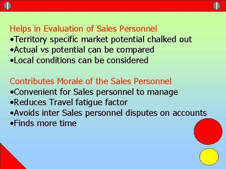 Helps in Evaluation of Sales Personnel • Territory specific market potential chalked out •