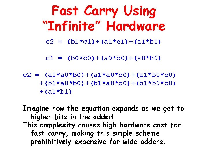 Fast Carry Using “Infinite” Hardware c 2 = (b 1*c 1)+(a 1*b 1) c