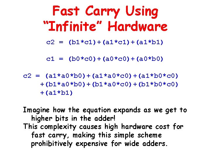 Fast Carry Using “Infinite” Hardware c 2 = (b 1*c 1)+(a 1*b 1) c Fast Carry Using “Infinite” Hardware c 2 = (b 1*c 1)+(a 1*b 1) c