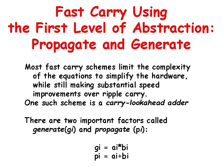 Fast Carry Using the First Level of Abstraction: Propagate and Generate Most fast carry Fast Carry Using the First Level of Abstraction: Propagate and Generate Most fast carry