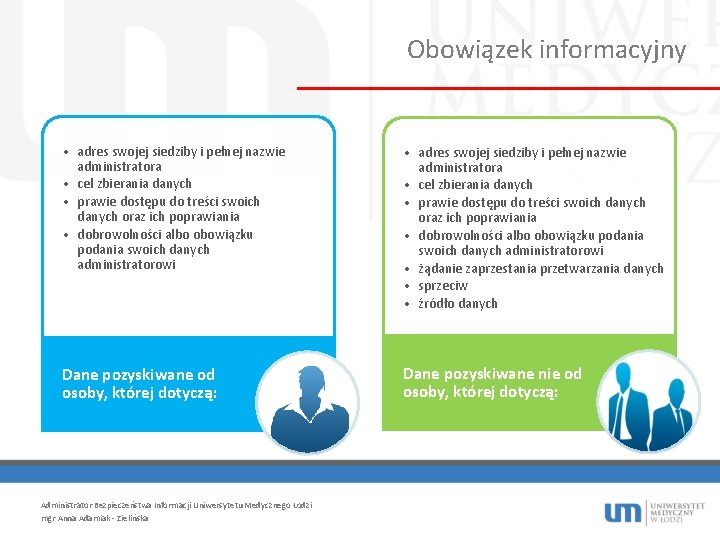 Obowiązek informacyjny • adres swojej siedziby i pełnej nazwie administratora • cel zbierania danych