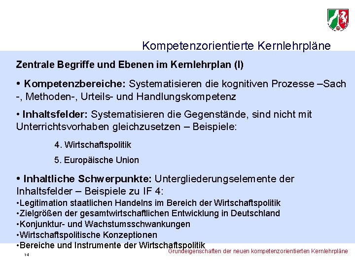 Kompetenzorientierte Kernlehrpläne Zentrale Begriffe und Ebenen im Kernlehrplan (I) • Kompetenzbereiche: Systematisieren die kognitiven