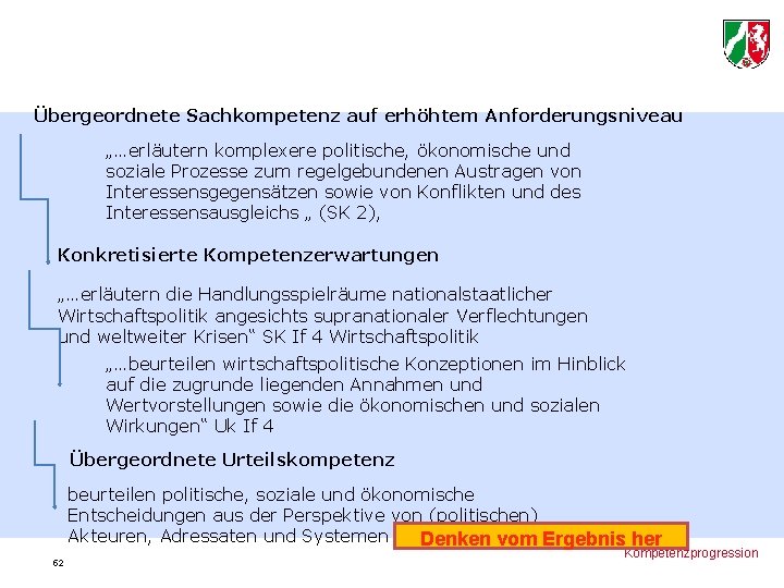 Übergeordnete Sachkompetenz auf erhöhtem Anforderungsniveau „…erläutern komplexere politische, ökonomische und soziale Prozesse zum regelgebundenen