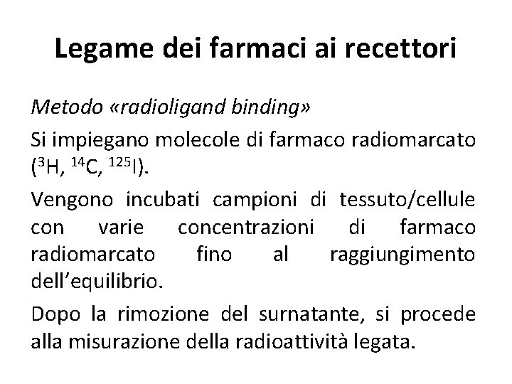 Legame dei farmaci ai recettori Metodo «radioligand binding» Si impiegano molecole di farmaco radiomarcato