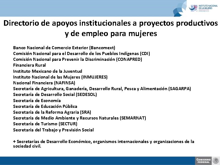 Directorio de apoyos institucionales a proyectos productivos y de empleo para mujeres Banco Nacional