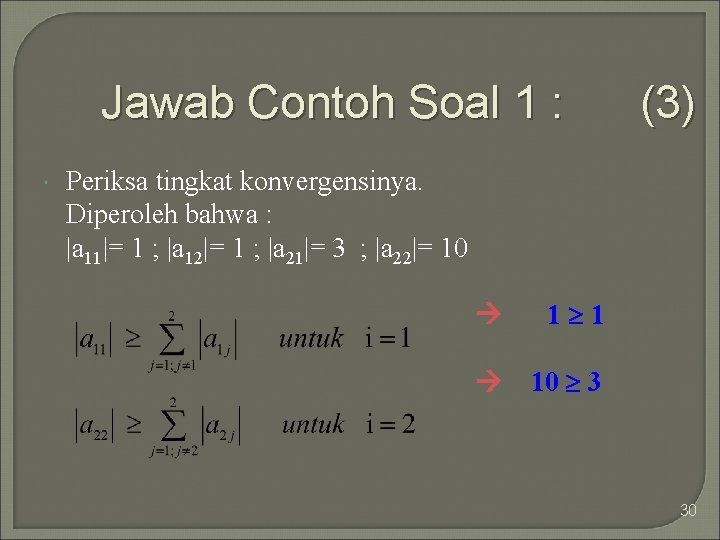 Jawab Contoh Soal 1 : (3) Periksa tingkat konvergensinya. Diperoleh bahwa : |a 11|=
