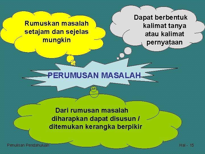 Rumuskan masalah setajam dan sejelas mungkin Dapat berbentuk kalimat tanya atau kalimat pernyataan PERUMUSAN