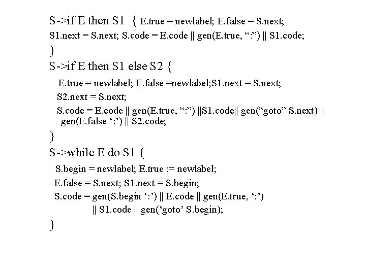 S->if E then S 1 { E. true = newlabel; E. false = S.