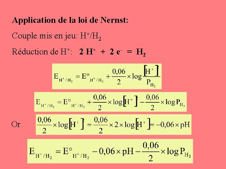 Application de la loi de Nernst: Couple mis en jeu: H+/H 2 Réduction de