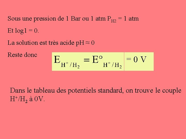 Sous une pression de 1 Bar ou 1 atm PH 2 = 1 atm