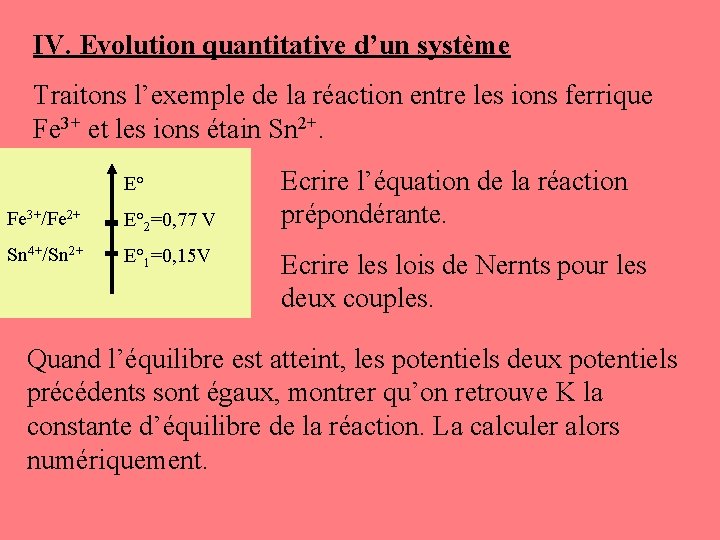 IV. Evolution quantitative d’un système Traitons l’exemple de la réaction entre les ions ferrique