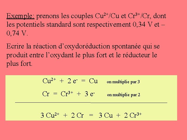 Exemple: prenons les couples Cu 2+/Cu et Cr 3+/Cr, dont les potentiels standard sont