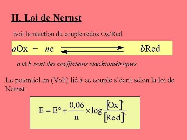 II. Loi de Nernst Soit la réaction du couple redox Ox/Red a et b