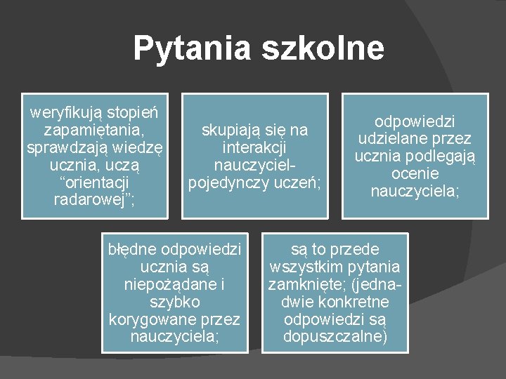 Pytania szkolne weryfikują stopień zapamiętania, sprawdzają wiedzę ucznia, uczą “orientacji radarowej”; skupiają się na