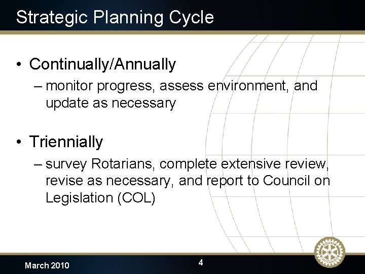 Strategic Planning Cycle • Continually/Annually – monitor progress, assess environment, and update as necessary