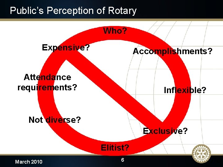 Public’s Perception of Rotary Who? Expensive? Accomplishments? Attendance requirements? Inflexible? Not diverse? Exclusive? Elitist?