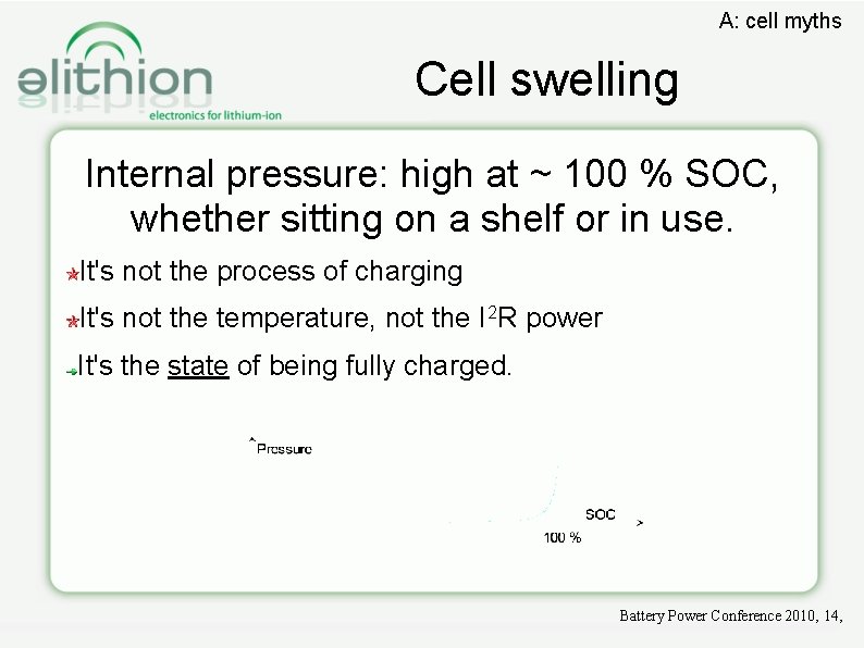 A: cell myths Cell swelling Internal pressure: high at ~ 100 % SOC, whether