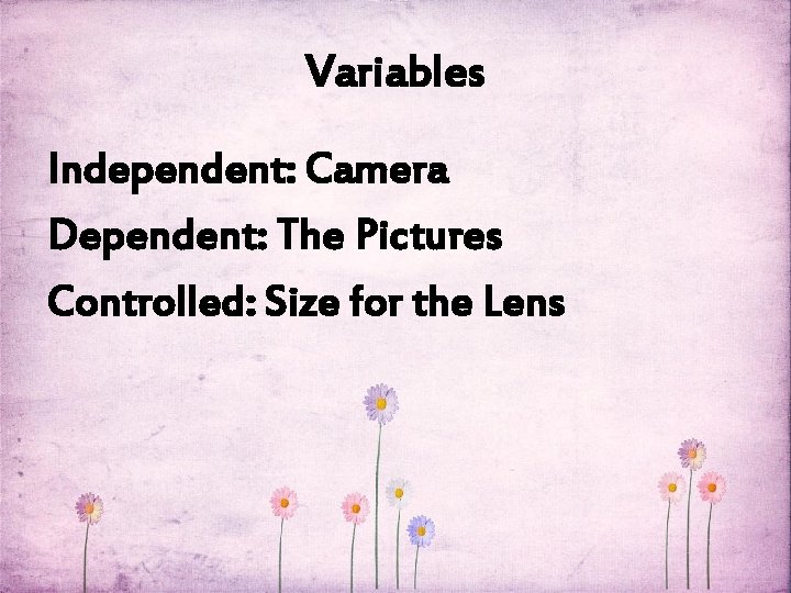 Variables Independent: Camera Dependent: The Pictures Controlled: Size for the Lens 