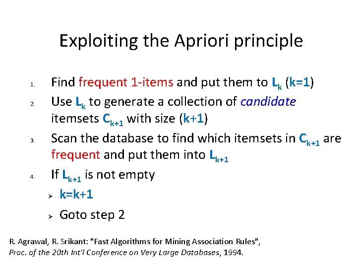 Exploiting the Apriori principle 1. 2. 3. 4. Find frequent 1 -items and put