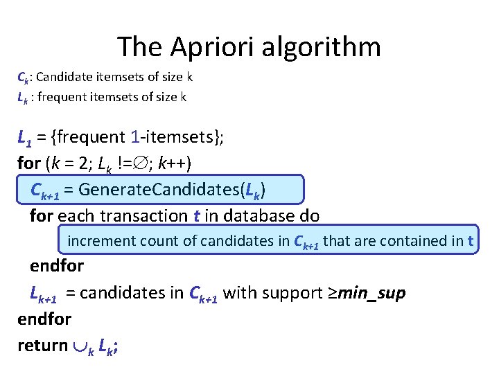 The Apriori algorithm Ck: Candidate itemsets of size k Lk : frequent itemsets of