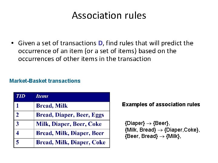 Association rules • Given a set of transactions D, find rules that will predict