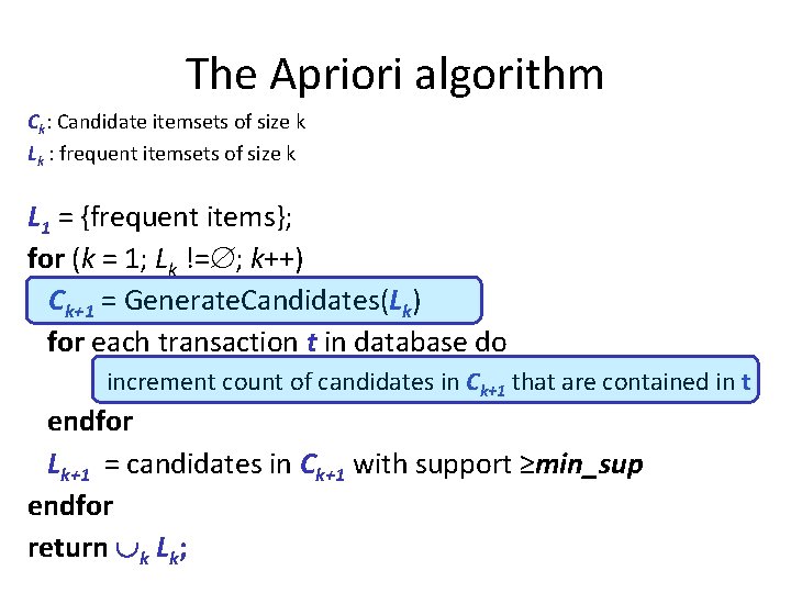 The Apriori algorithm Ck: Candidate itemsets of size k Lk : frequent itemsets of