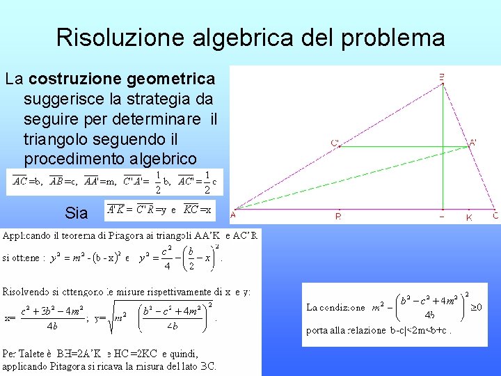 Risoluzione algebrica del problema La costruzione geometrica suggerisce la strategia da seguire per determinare