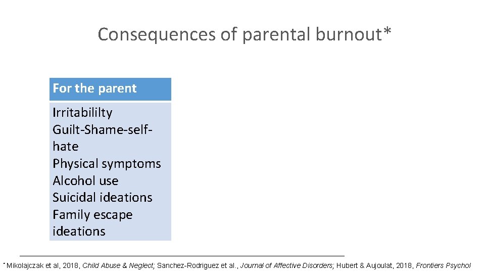Consequences of parental burnout* For the parent Irritabililty Guilt-Shame-selfhate Physical symptoms Alcohol use Suicidal